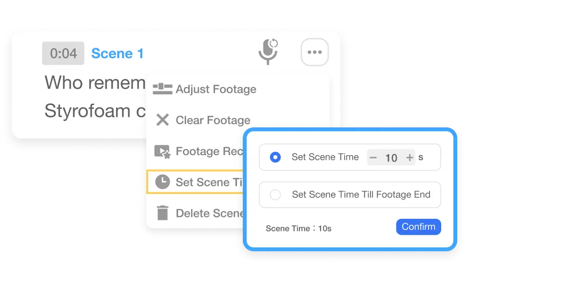 Interface of Visla's scene length adjustment feature, showing options to set the scene time. This allows users to tweak the duration of each scene to ensure optimal pacing and impact in their video.